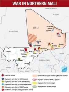 マリ北部の紛争地帯の地図