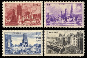 第二次世界大戦で廃墟になったフランスの都市／ダンケルク/ルーアン/カーン/サンマロ　フランスの寄付金付き切手 1945年発行